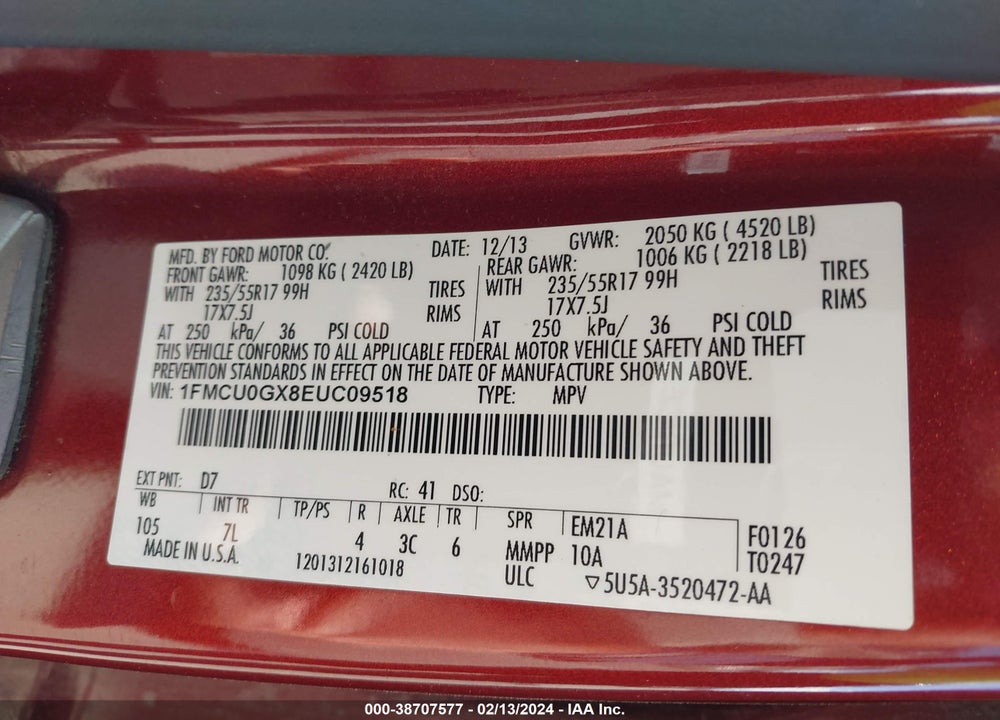 2014 FORD ESCAPE SE VIN: 1FMCU0GX8EUC09518