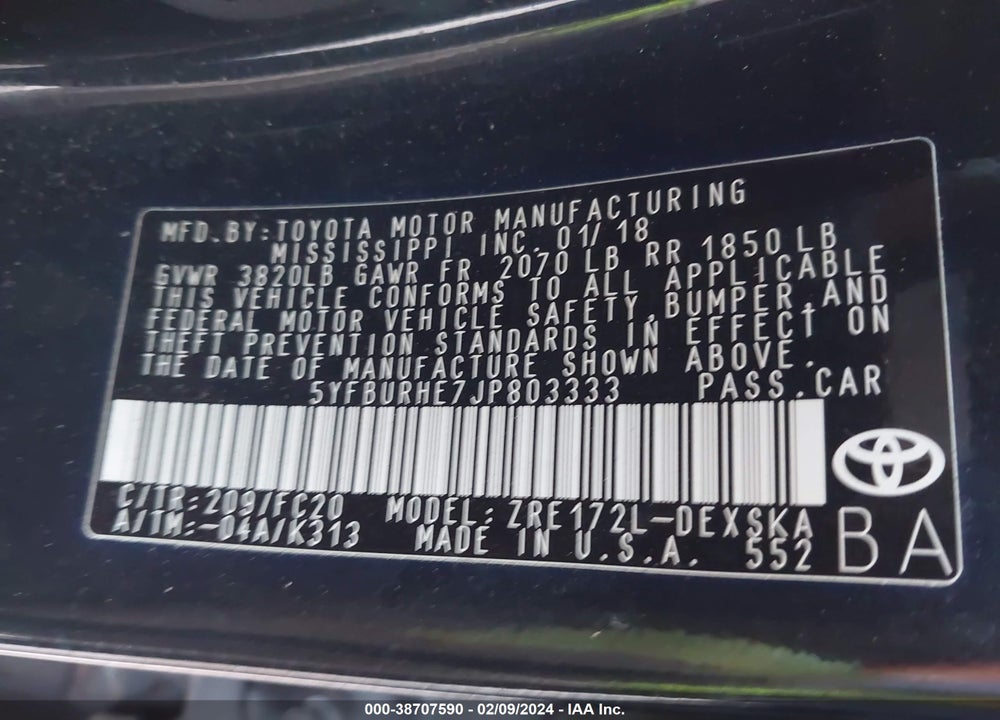2018 TOYOTA COROLLA SE VIN: 5YFBURHE7JP803333
