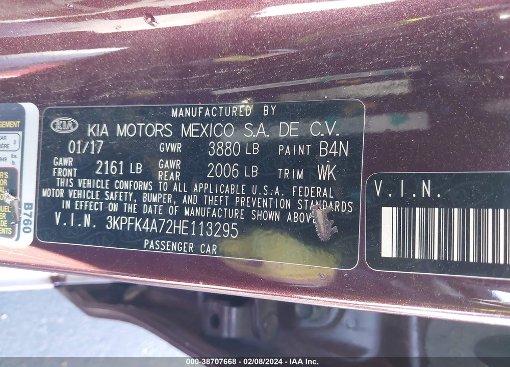 2017 KIA FORTE VIN: 3KPFK4A72HE113295