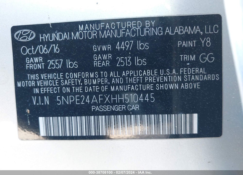 2017 HYUNDAI SONATA SE VIN: 5NPE24AFXHH510445