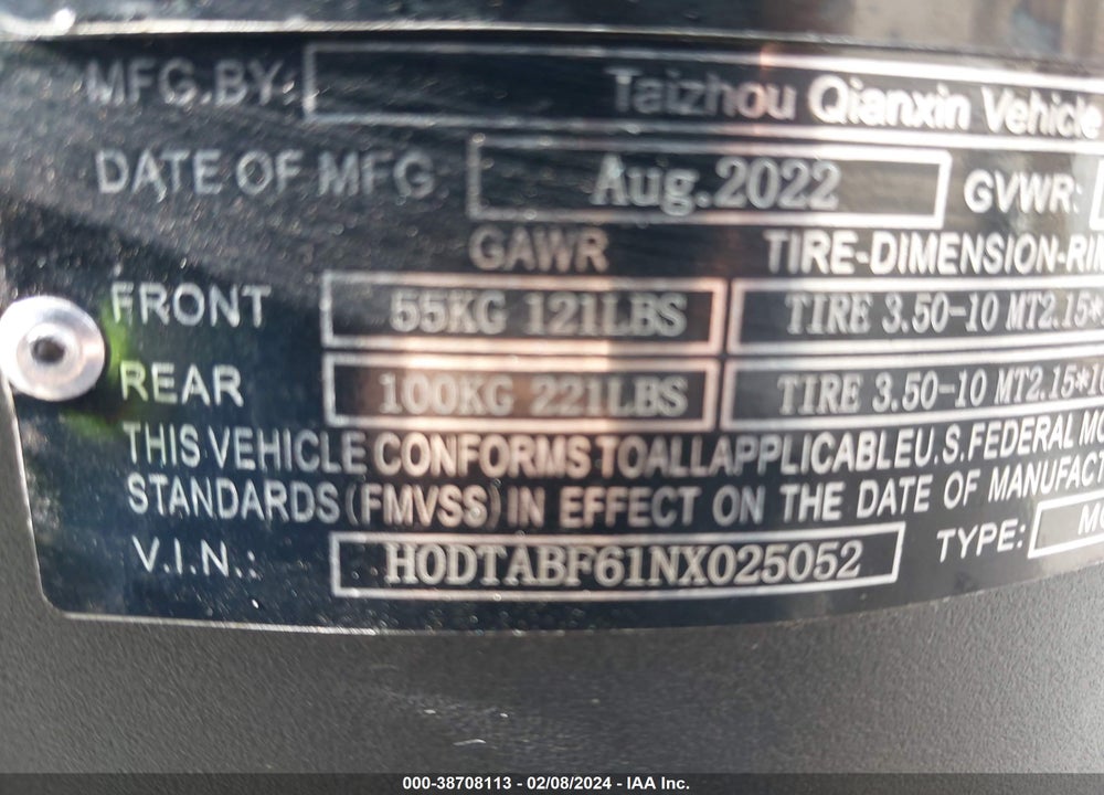 2023 TAIZHOU QIANXIN DENALI 50 SCOOTER VIN: H0DTABF61NX025052