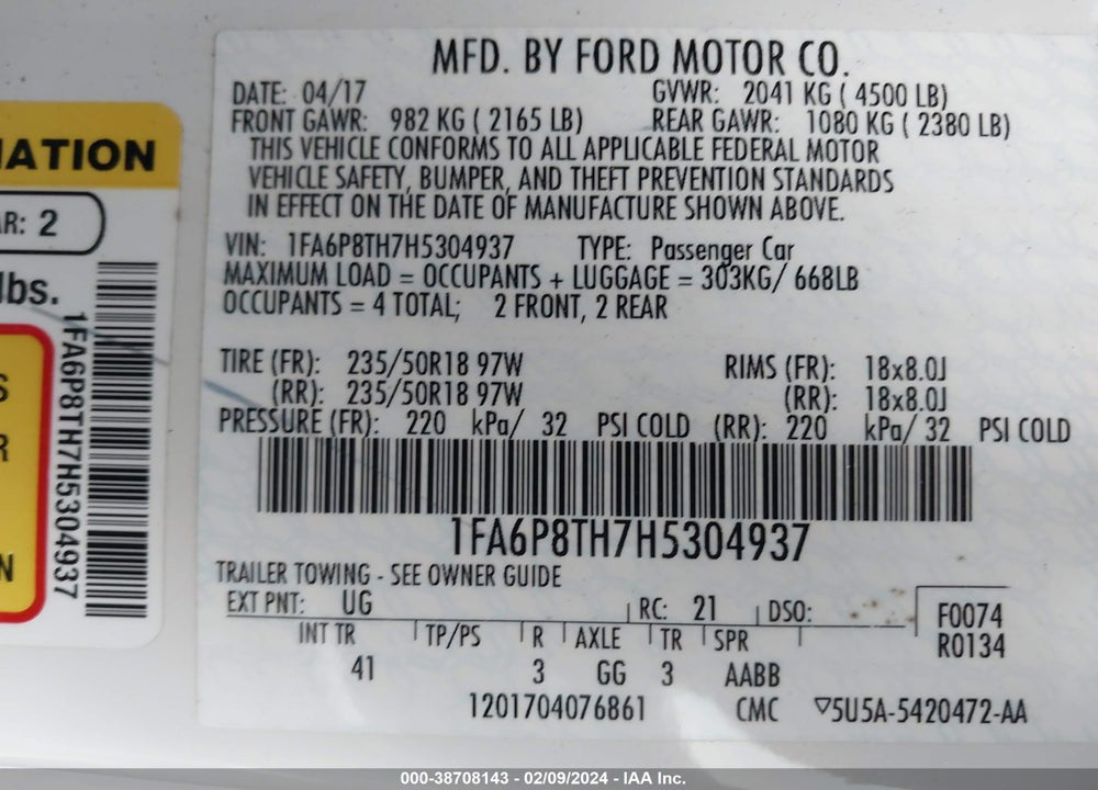 2017 FORD MUSTANG ECOBOOST VIN: 1FA6P8TH7H5304937