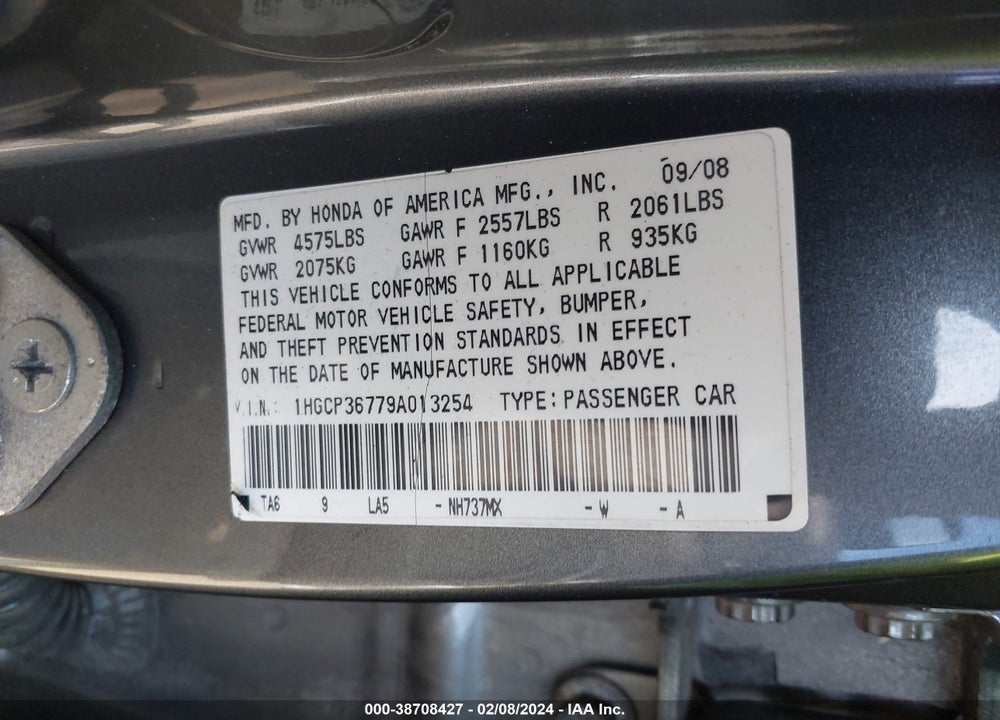 2009 HONDA ACCORD 3.5 EX VIN: 1HGCP36779A013254