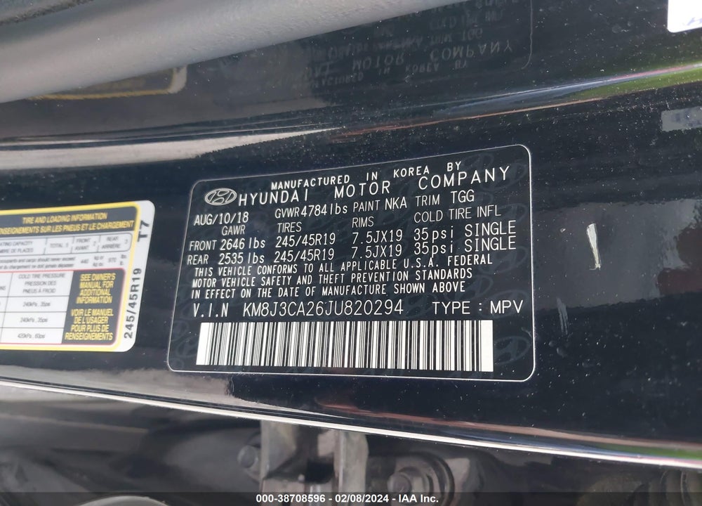 2018 HYUNDAI TUCSON VALUE VIN: KM8J3CA26JU820294