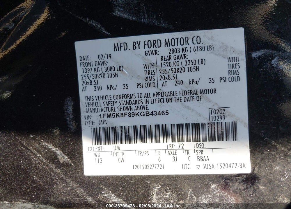 2019 FORD EXPLORER LIMITED VIN: 1FM5K8F89KGB43465