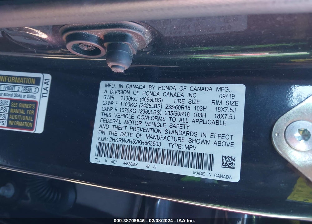 2019 HONDA CR-V EX VIN: 2HKRW2H52KH663903