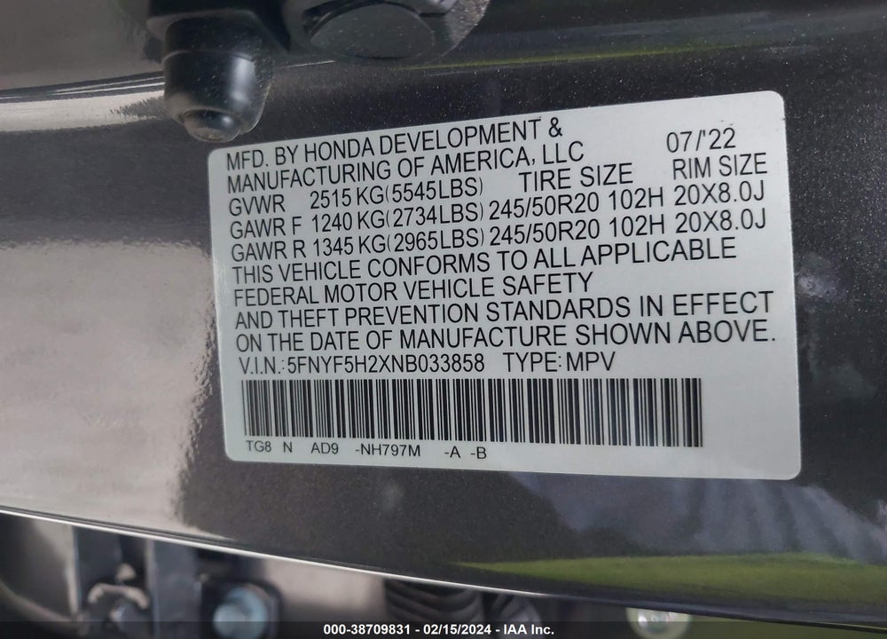 2022 HONDA PILOT 2WD SPECIAL EDITION VIN: 5FNYF5H2XNB033858