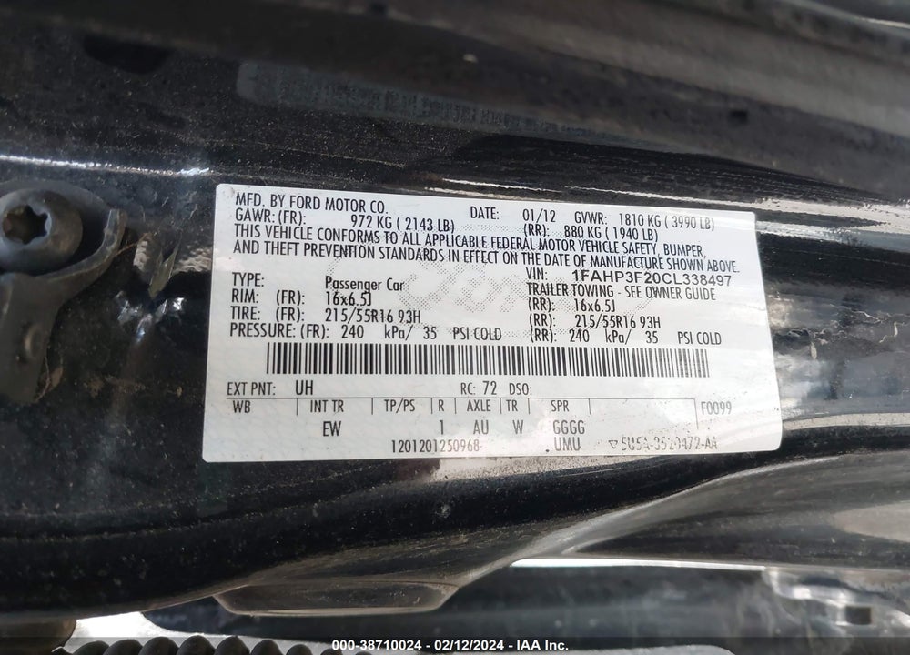 2012 FORD FOCUS SE VIN: 1FAHP3F20CL338497