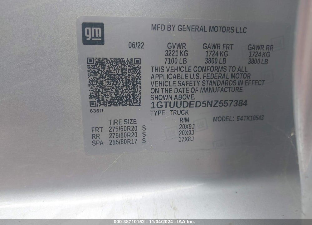 2022 GMC SIERRA VIN: 1GTUUDED5NZ557384