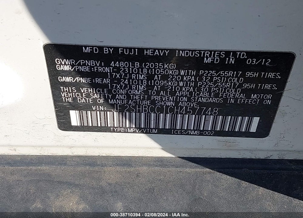 2012 SUBARU FORESTER 2.5X PREMIUM VIN: JF2SHBCC1CH457748
