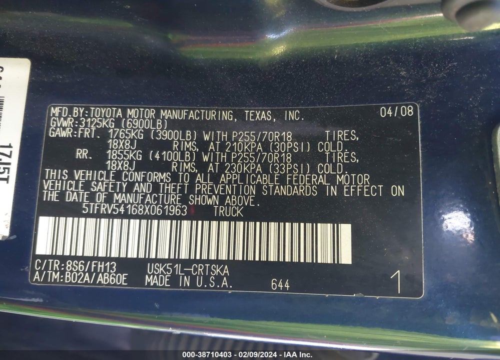 2008 TOYOTA TUNDRA BASE 5.7L V8 VIN: 5TFRV54168X061963