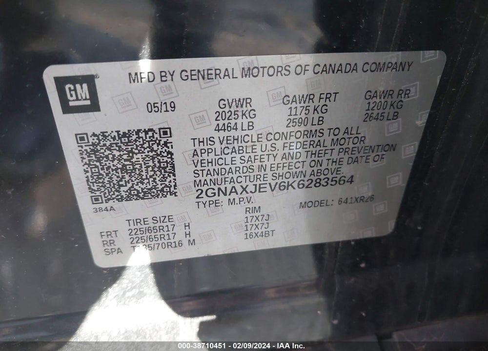 2019 CHEVROLET EQUINOX VIN: 2GNAXJEV6K6283564