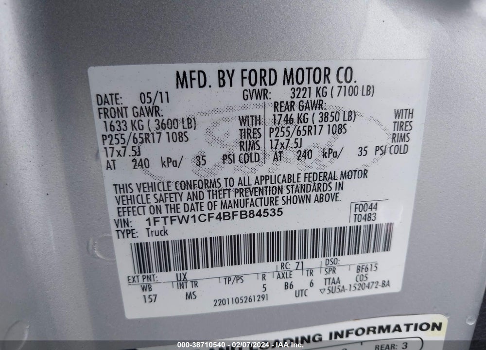 2011 FORD F-150 XLT VIN: 1FTFW1CF4BFB84535