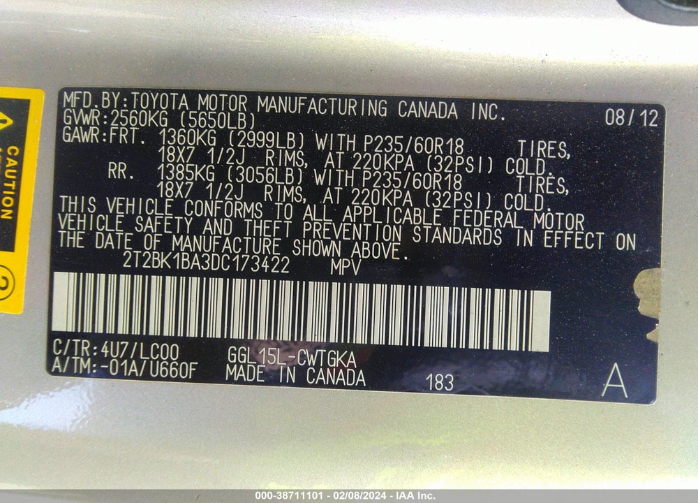 2013 LEXUS RX 350 VIN: 2T2BK1BA3DC173422