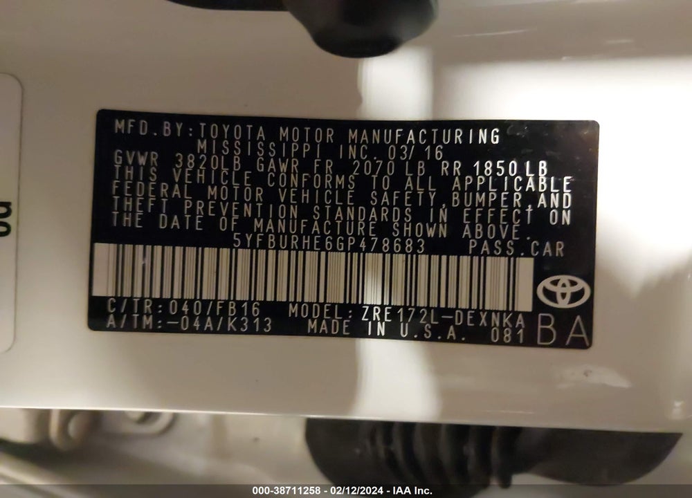 2016 TOYOTA COROLLA LE PLUS VIN: 5YFBURHE6GP478683