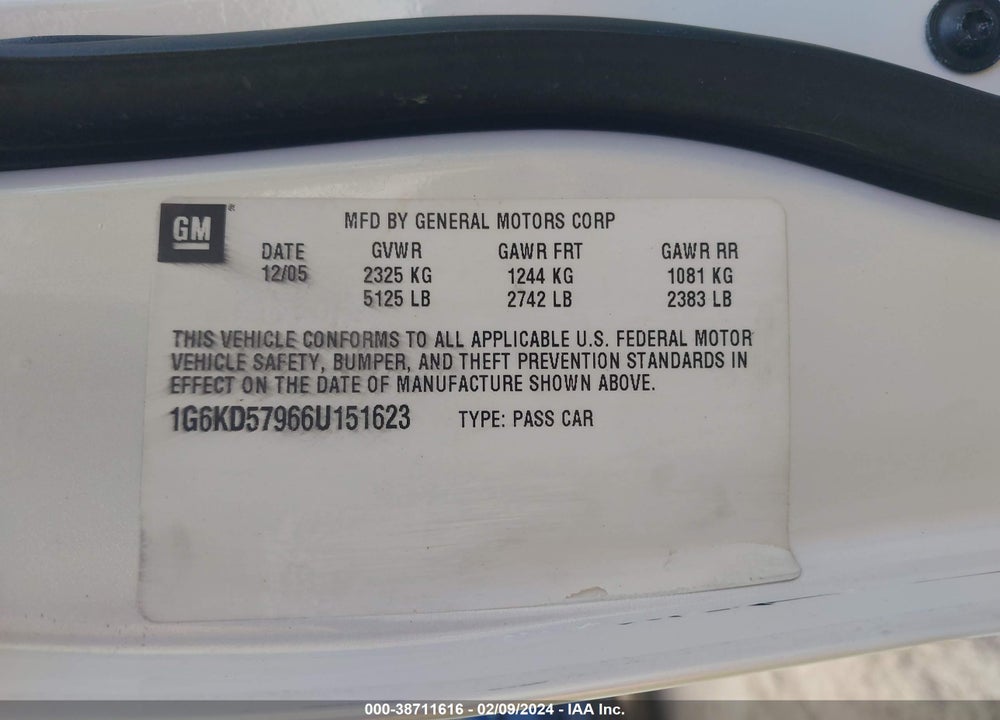 2006 CADILLAC DTS PERFORMANCE VIN: 1G6KD57966U151623