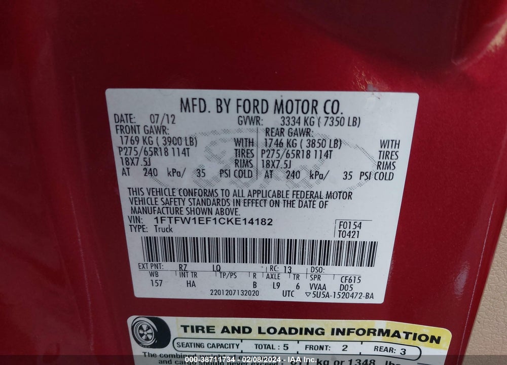 2012 FORD F-150 LARIAT VIN: 1FTFW1EF1CKE14182
