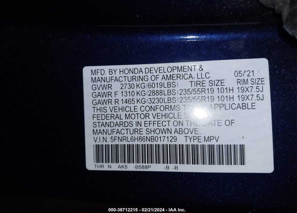 2022 HONDA ODYSSEY TOURING VIN: 5FNRL6H86NB017129