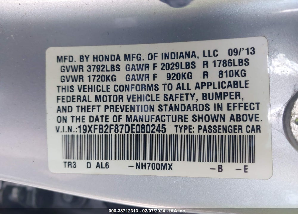 2013 HONDA CIVIC VIN: 19XFB2F87DE080245