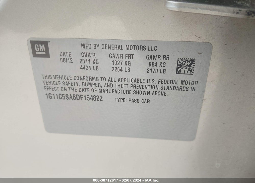2013 CHEVROLET MALIBU 1LT VIN: 1G11C5SA6DF154822