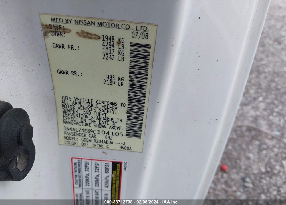 2009 NISSAN ALTIMA 2.5 S VIN: 1N4AL24E89C104105