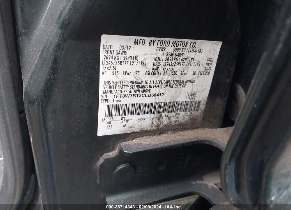 2012 FORD F-350 XL VIN: 1FT8W3BT3CEB68412