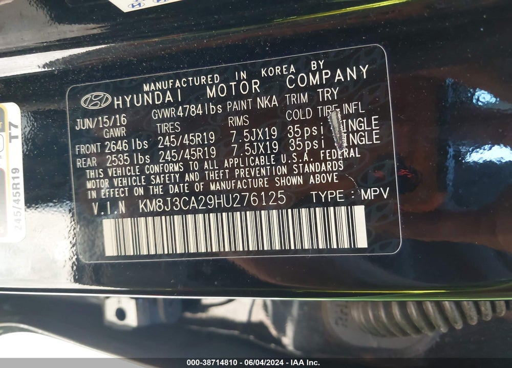 2017 HYUNDAI TUCSON SPORT VIN: KM8J3CA29HU276125