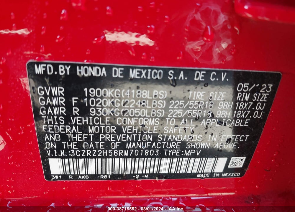 2024 HONDA HR-V AWD SPORT/AWD SPORT W/O BSI VIN: 3CZRZ2H56RM701803