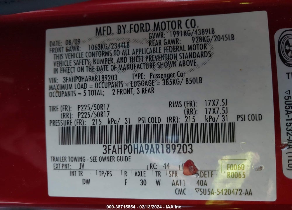 2010 FORD FUSION SE VIN: 3FAHP0HA9AR189203