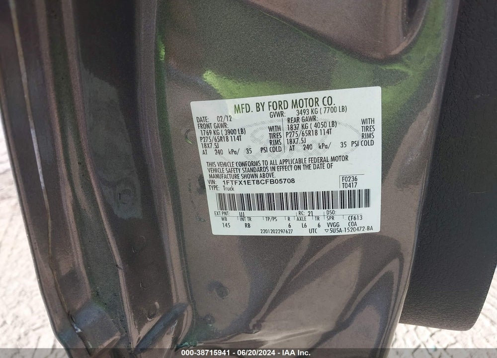 2012 FORD F-150 FX4 VIN: 1FTFX1ET8CFB05708