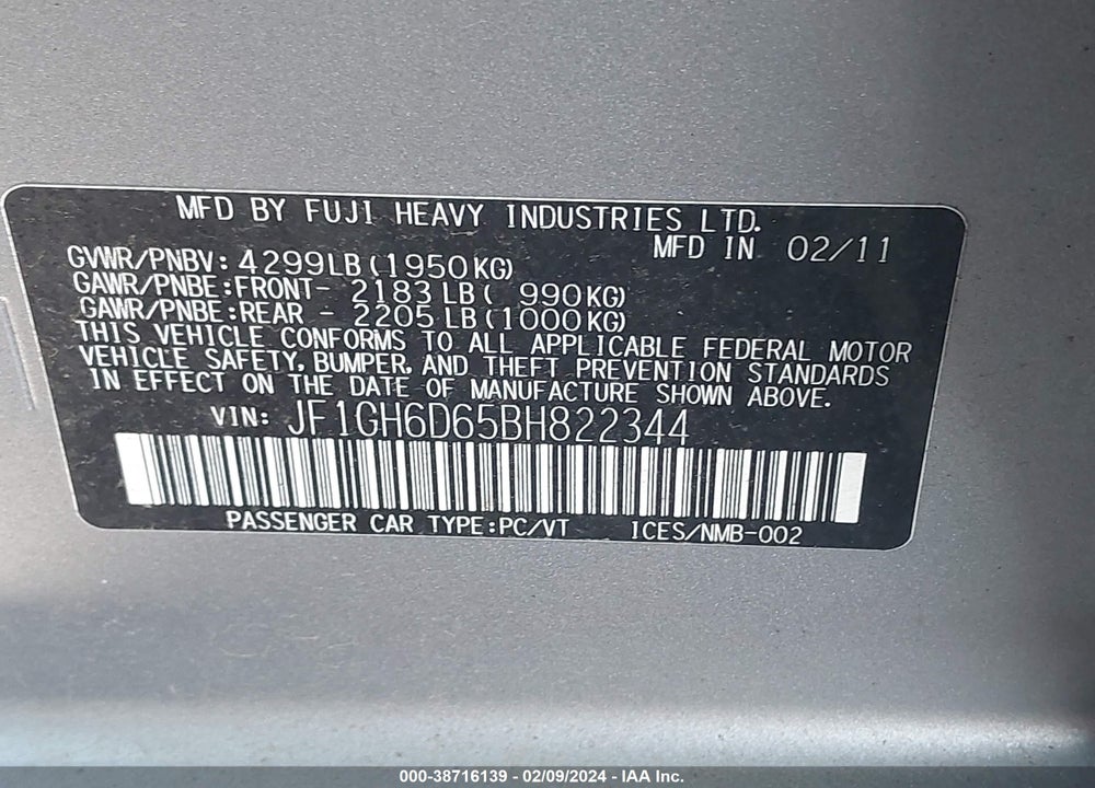 2011 SUBARU IMPREZA OUTBACK SPORT VIN: JF1GH6D65BH822344