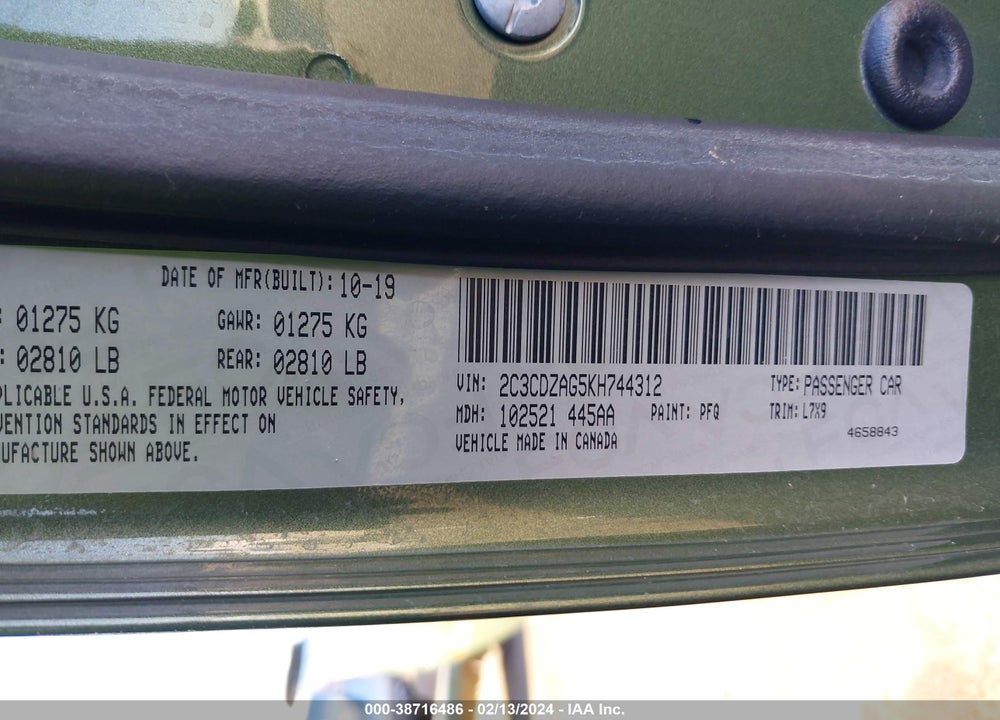 2019 DODGE CHALLENGER SXT VIN: 2C3CDZAG5KH744312