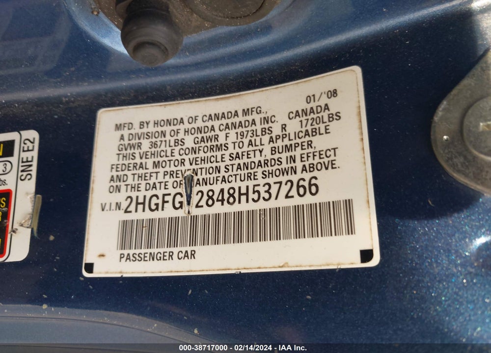 2008 HONDA CIVIC VIN: 2HGFG12848H537266