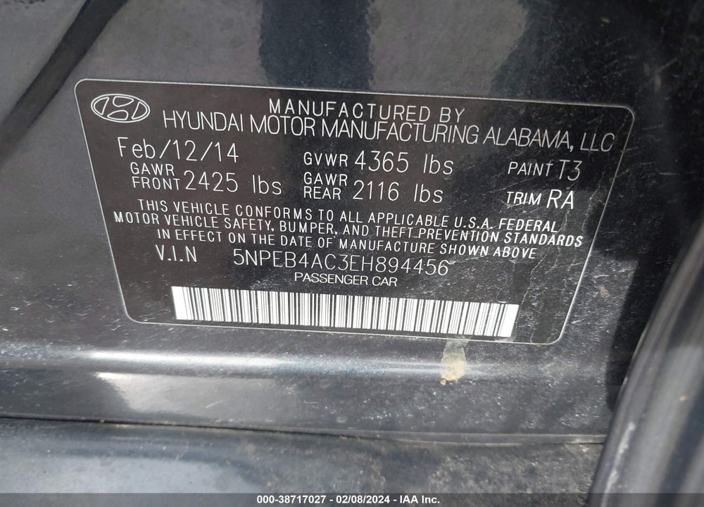 2014 HYUNDAI SONATA GLS VIN: 5NPEB4AC3EH894456