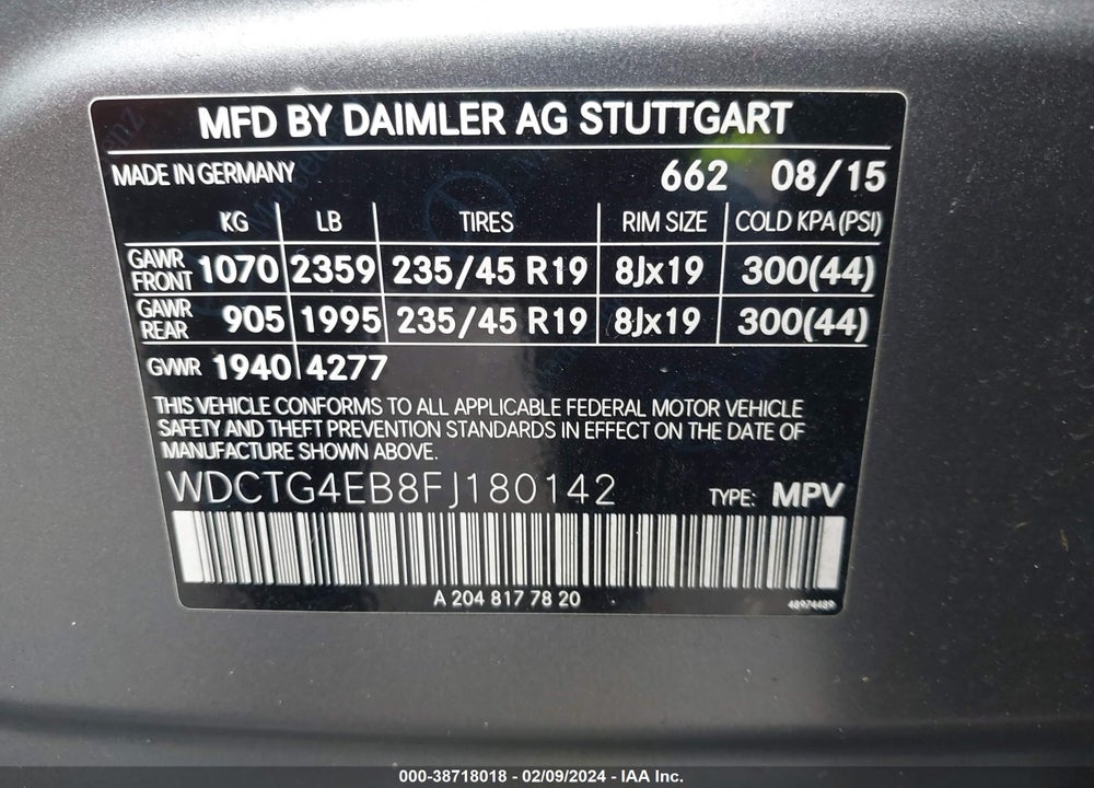 2015 MERCEDES-BENZ GLA-CLASS VIN: WDCTG4EB8FJ180142
