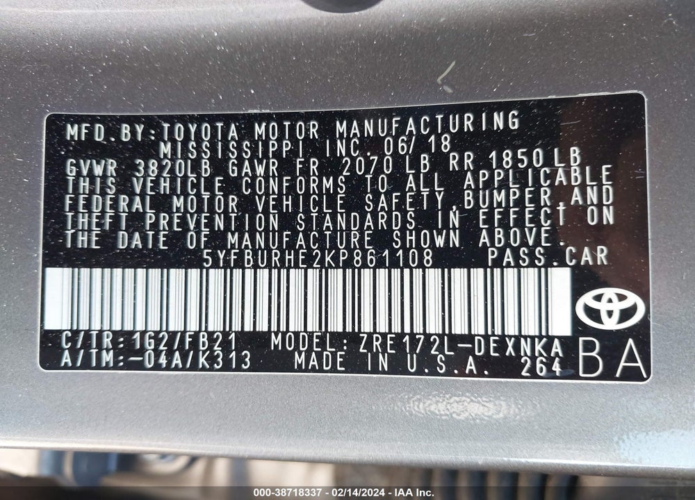 2019 TOYOTA COROLLA LE VIN: 5YFBURHE2KP861108