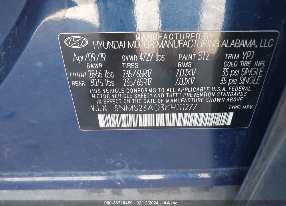2019 HYUNDAI SANTA FE SE VIN: 5NMS23AD3KH111277
