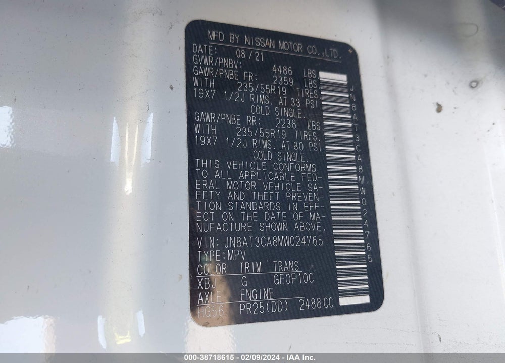2021 NISSAN ROGUE SL FWD VIN: JN8AT3CA8MW024765