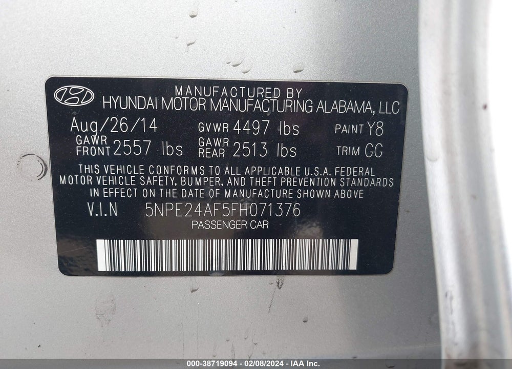 2015 HYUNDAI SONATA SE VIN: 5NPE24AF5FH071376