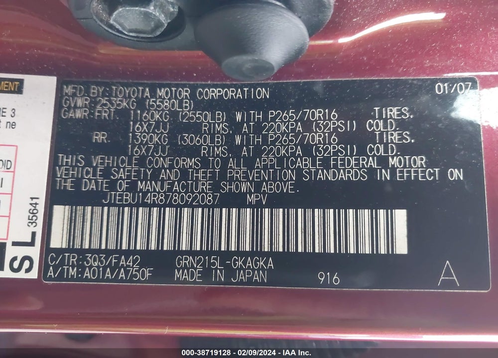 2007 TOYOTA 4RUNNER SR5 V6 VIN: JTEBU14R878092087