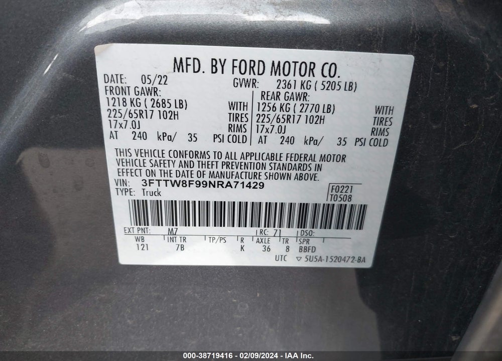 2022 FORD MAVERICK XLT VIN: 3FTTW8F99NRA71429