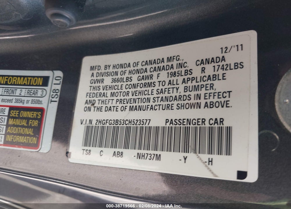 2012 HONDA CIVIC LX VIN: 2HGFG3B53CH523577