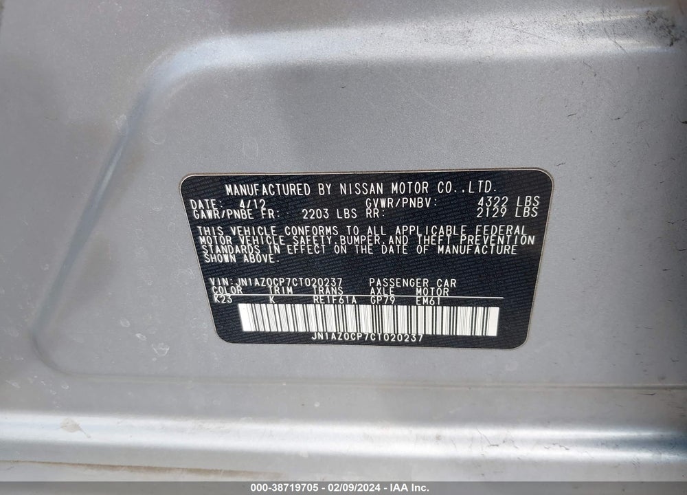 2012 NISSAN LEAF SL VIN: JN1AZ0CP7CT020237