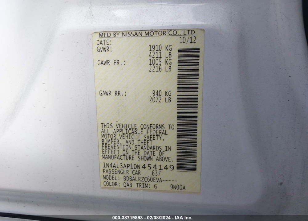2013 NISSAN ALTIMA 2.5 S VIN: 1N4AL3AP1DN454149