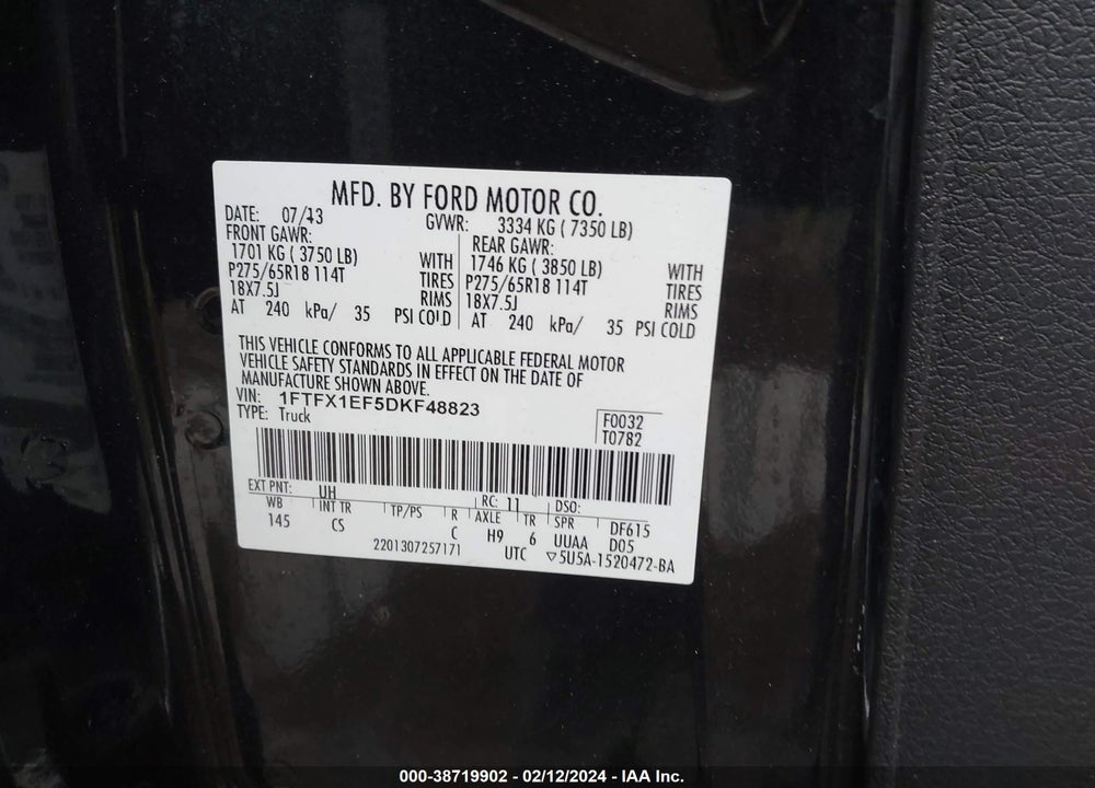 2013 FORD F-150 STX VIN: 1FTFX1EF5DKF48823