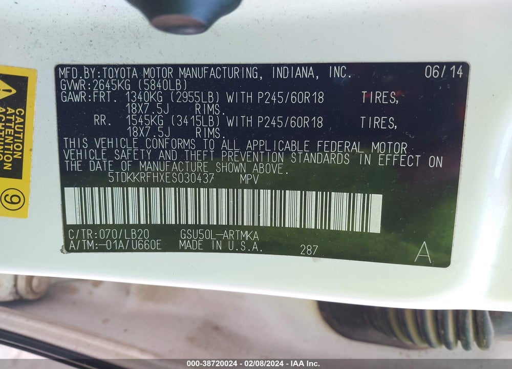 2014 TOYOTA HIGHLANDER XLE V6 VIN: 5TDKKRFHXES030437