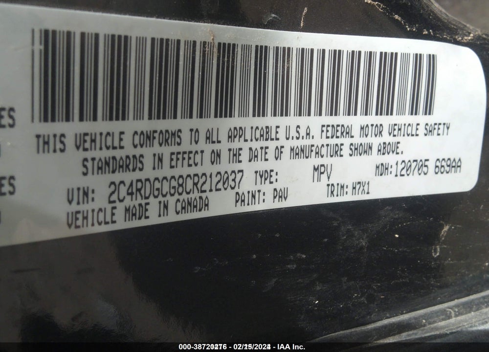 2012 DODGE GRAND CARAVAN SXT VIN: 2C4RDGCG8CR212037