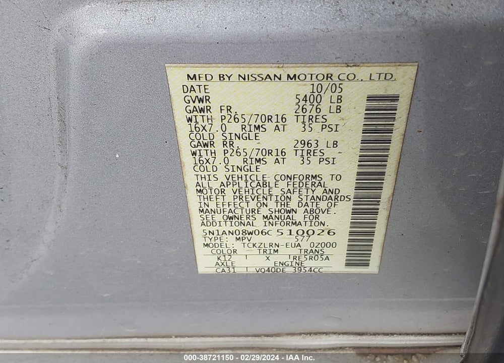 2006 NISSAN XTERRA S VIN: 5N1AN08W06C510026