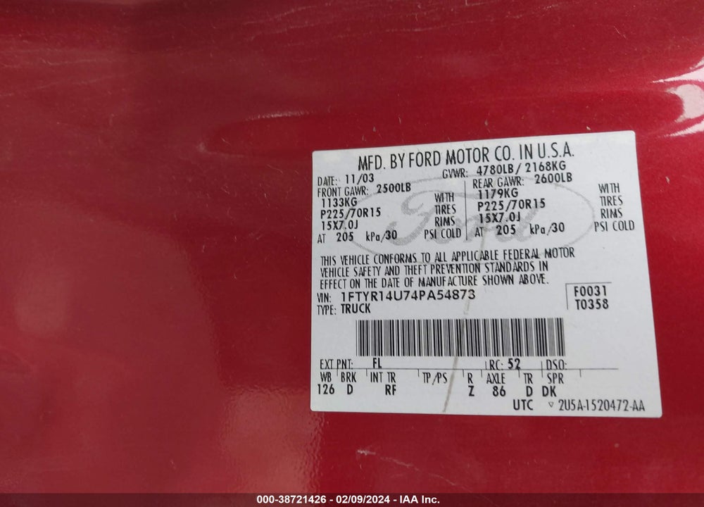 2004 FORD RANGER EDGE/TREMOR/XL/XLT VIN: 1FTYR14U74PA54873