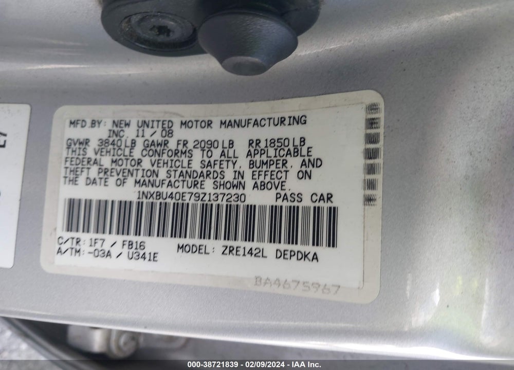 2009 TOYOTA COROLLA VIN: 1NXBU40E79Z137230